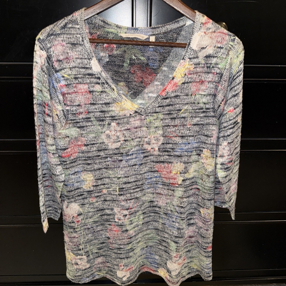 Soft Surroundings Semi Sheer V-Neck 3/4 Sleeve Floral Sweater Sz M Tunic Length